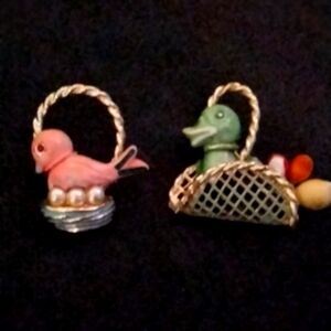 Vintage bird in basket brooches